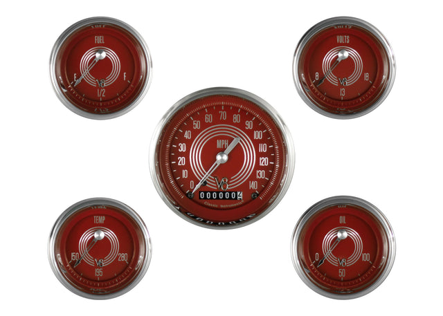 Classic Instruments V8 Red Steelie Five Gauge Set - V8RS00SHC