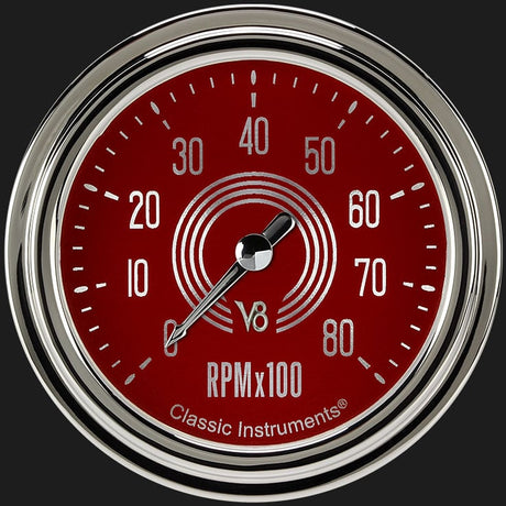 Classic Instruments V8 Red Steelie 2 5/8" Tachometer - V8RS383SLC