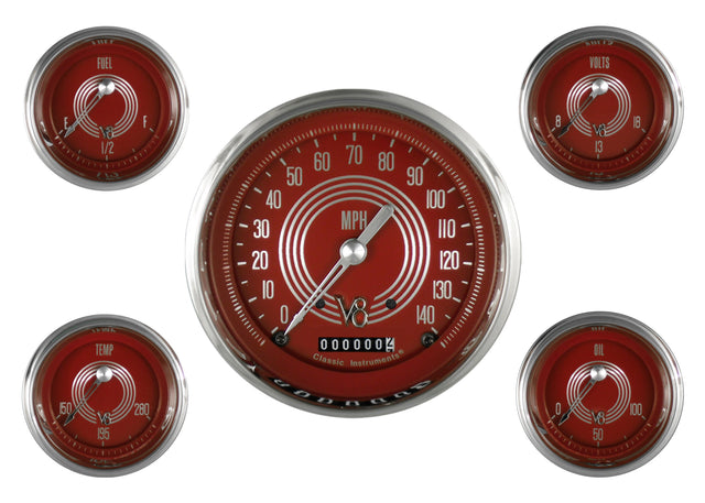 Classic Instruments V8 Red Steelie Five Gauge Set - V8RS54SLC