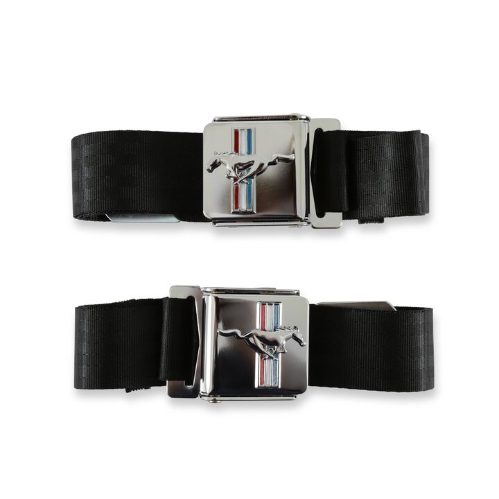 Scott Drake Seat Belt with Tri-Bar Running Horse Emblem Pair Black - SB-BK-H