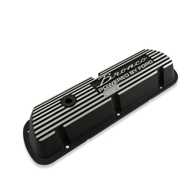 Scott Drake Aluminum Valve Covers Black with Bronco Powered by Ford Logo - 6A582-B