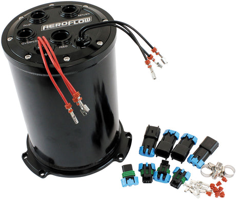 Aeroflow Triple EFI Fuel Pump Round Surge Tank - Black 5 Liter (1.25 Gal), -10 ORB Outlet With -8 ORB Returns (AF77-4056BLK) AF77-4056BLK