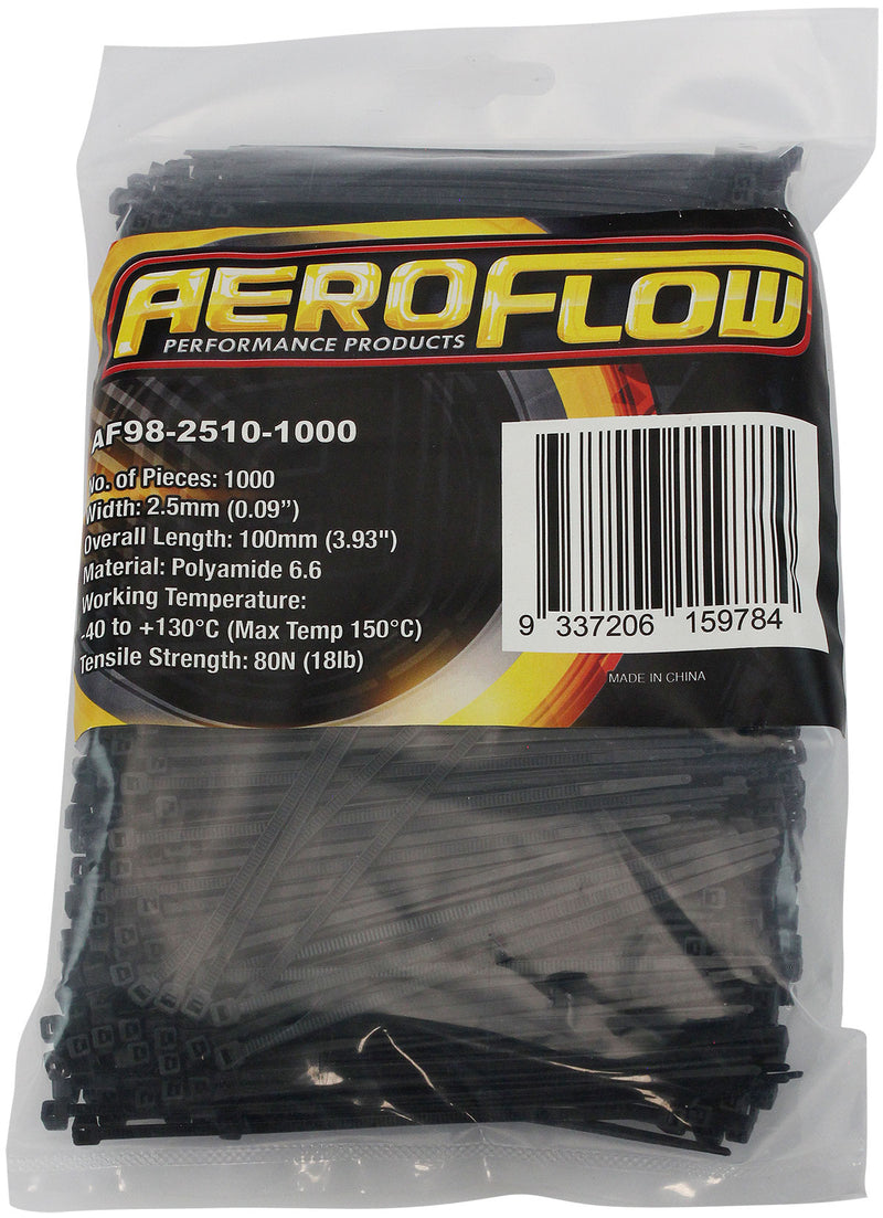 Aeroflow Heat Resistant Cable Ties 2.5mm Wide x 100mm Long - 1000 Pack Nylon 46 Material, Black Colour (AF98-2510-1000)
