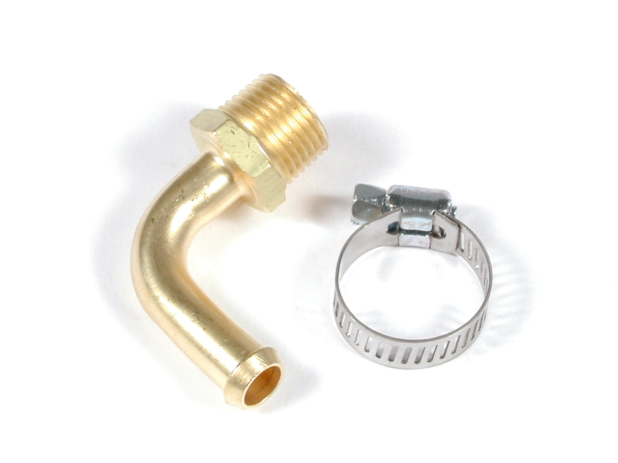 Mr Gasket Fuel Line Fitting - 3/8 Inch NPT to 3/8 Inch Hose Barb - 90° - Brass - 2966
