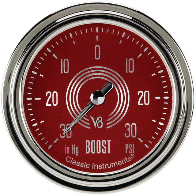 Classic Instruments V8 Red Steelie 2-5/8" Boost/Vac Gauge - V8RS341SLC
