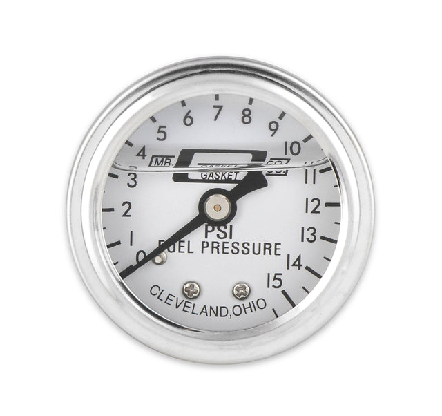 Mr Gasket Fuel Pressure Gauge - 0-15 PSI - 1/2 Inch Diameter - Liquid Filled - 1563