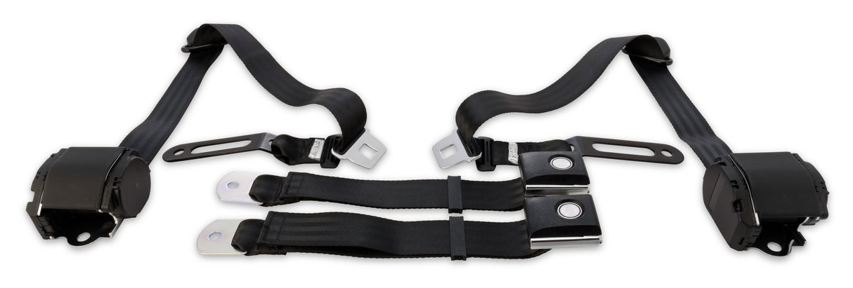 Scott Drake 3 Point Retractable Seat Belts with Vintage Push Button - SB-3P-BK-PBSB