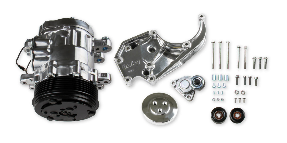 Holley 20-142P LS High-Mount A/C Accessory Drive Kit - Includes SD7 A/C Compressor, Tensioner, & Pulleys- Polished Finish