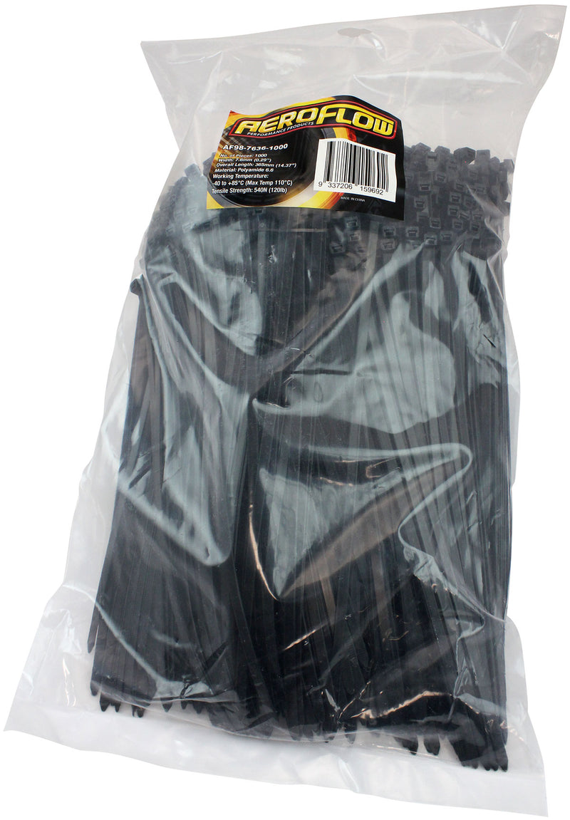 Aeroflow Cable Ties 7.6mm Wide x 365mm Long - 1000 Pack Nylon 66 Material, Black Colour (AF98-7636-1000)
