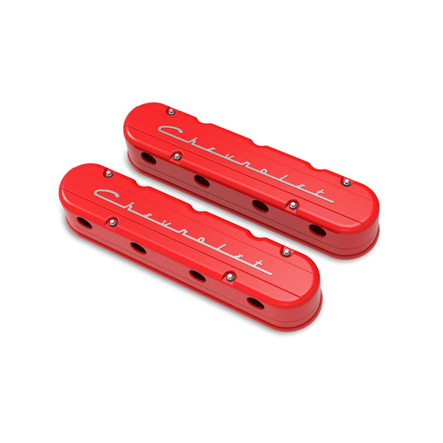 Holley 241-179 2-Piece "Chevrolet" Script Valve Cover - Gen III/IV LS - Gloss Red Machined