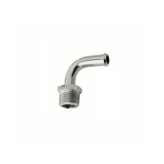 Mr Gasket Fuel Line Fitting - 3/8 Inch NPT to 3/8 Inch Hose Barb - 90° - Chrome - 2970G