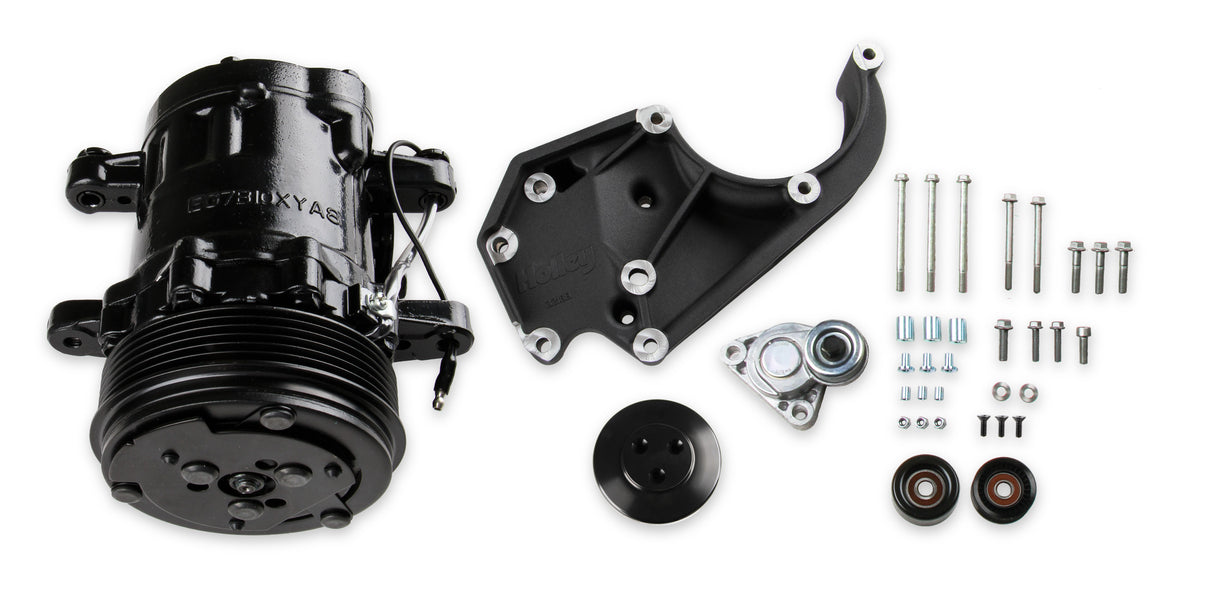 Holley 20-142BK LS High-Mount A/C Accessory Drive Kit - Includes SD7 A/C Compressor, Tensioner, & Pulleys- Black Finish