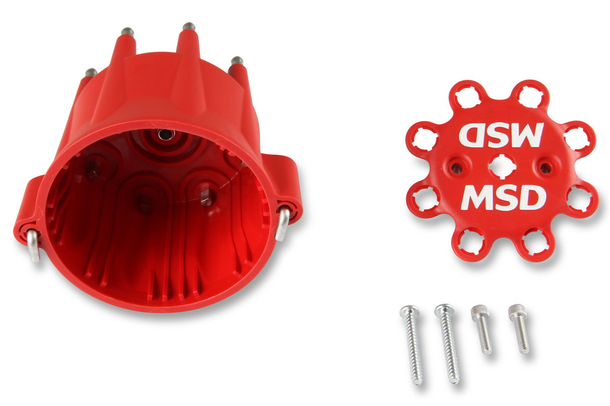 MSD Distributor Cap - V8 - HEI Terminals - Red - Spark Plug Wire Retainer - 8433
