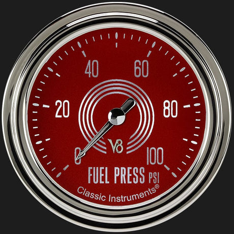 Classic Instruments V8 Red Steelie 2 5/8" Fuel Pressure Gauge, 100 psi - V8RS346SLC