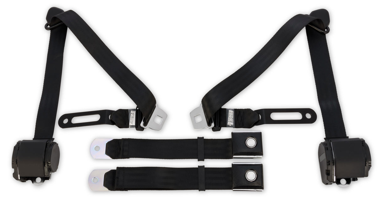 Scott Drake 3 Point Retractable Seat Belts with Vintage Push Button - SB-3P-BK-PBSB