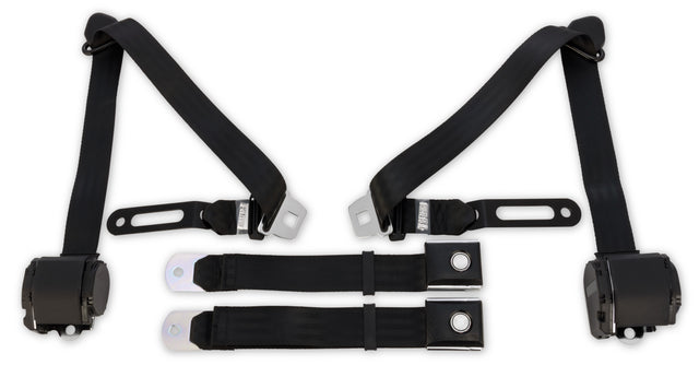 Scott Drake 3 Point Retractable Seat Belts with Vintage Push Button - SB-3P-BK-PBSB