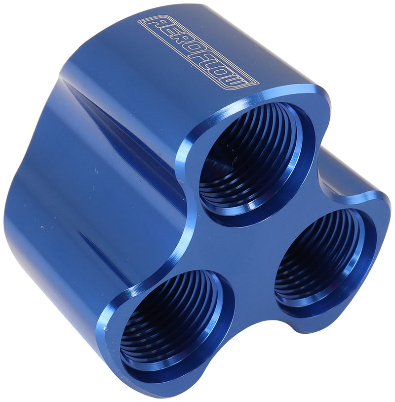 Aeroflow 4 Port Inline Distribution Block - Blue Finish 3 x -8 ORB Ports, 1 x -10 ORB Port (AF935-10-08)