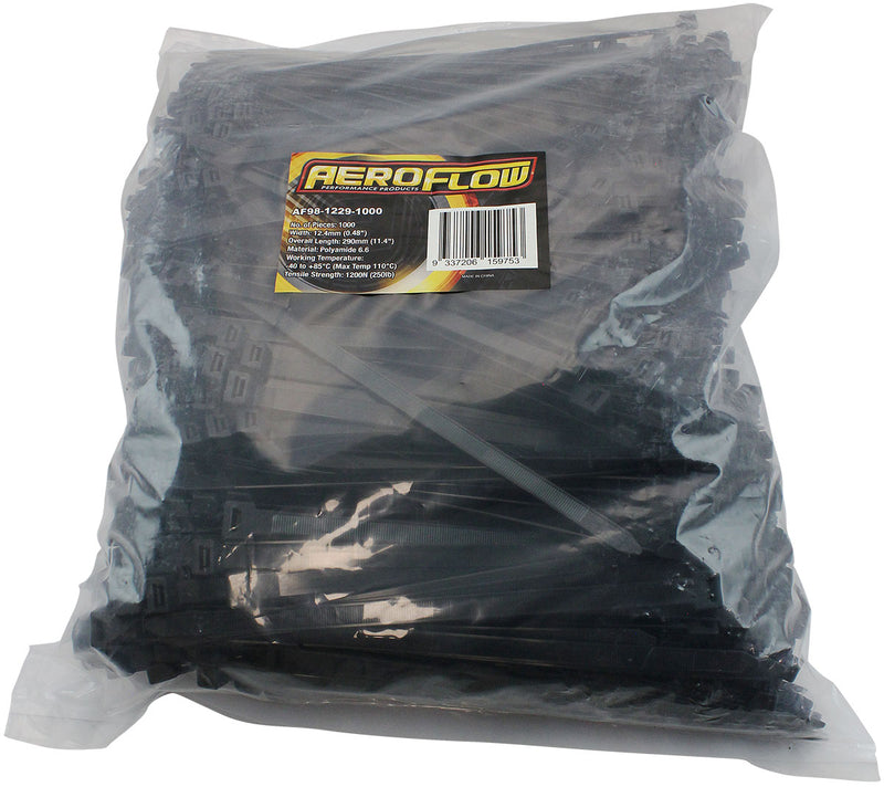 Aeroflow Standard Cable Ties 12.4mm Wide x 290mm Long - 1000 Pack Nylon 66 Material, Black Colour (AF98-1229-1000)