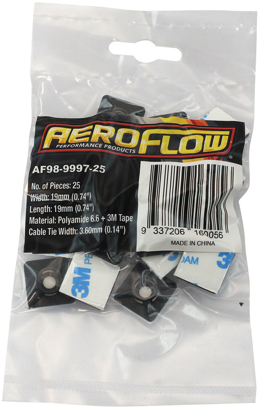 Aeroflow Cable Tie Self Adhesive Mount 19mm x 19mm - 25 Pack Nylon 66 Material, Black Colour (AF98-9997-25)