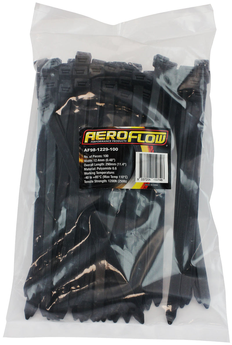 Aeroflow Standard Cable Ties 12.4mm Wide x 290mm Long - 100 Pack Nylon 66 Material, Black Colour (AF98-1229-100)