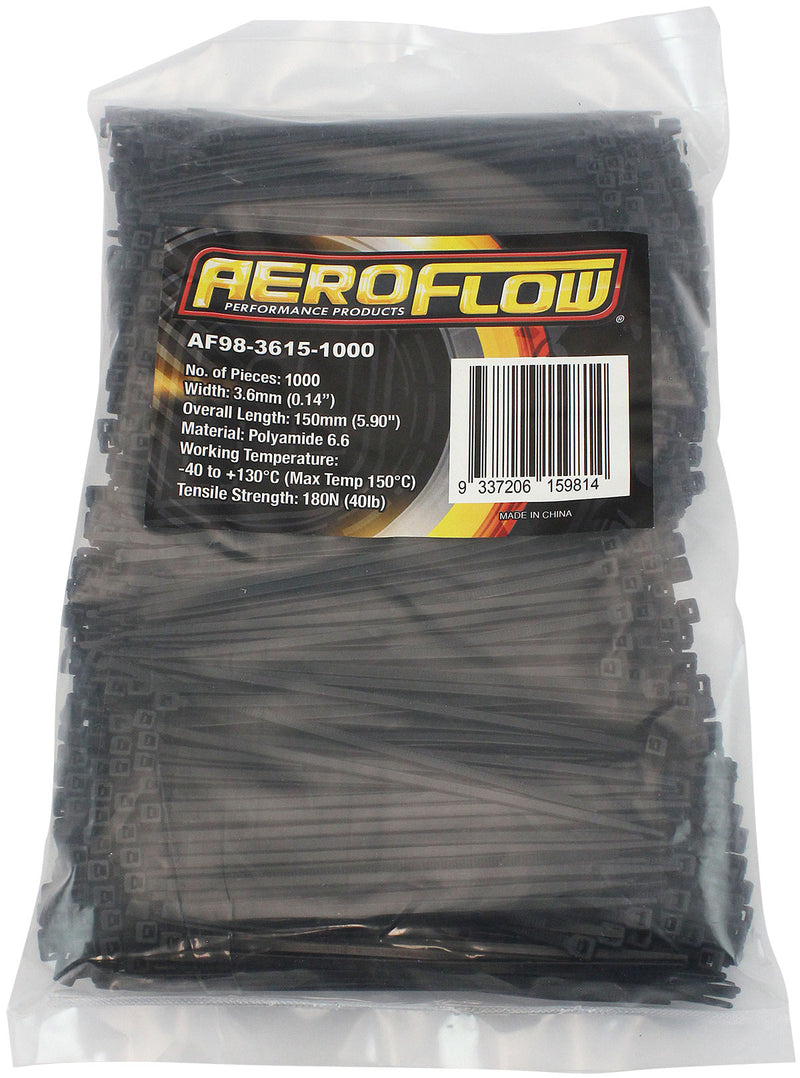 Aeroflow Heat Resistant Cable Ties 3.6mm Wide x 150mm Long - 1000 Pack Nylon 46 Material, Black Colour (AF98-3615-1000)
