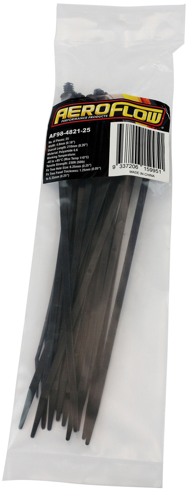 Aeroflow One Piece Fixed Fir Tree Cable Ties 4.8mm Wide x 210mm Long - 25 Pack Nylon 66 Material, Black Colour (AF98-4821-25)