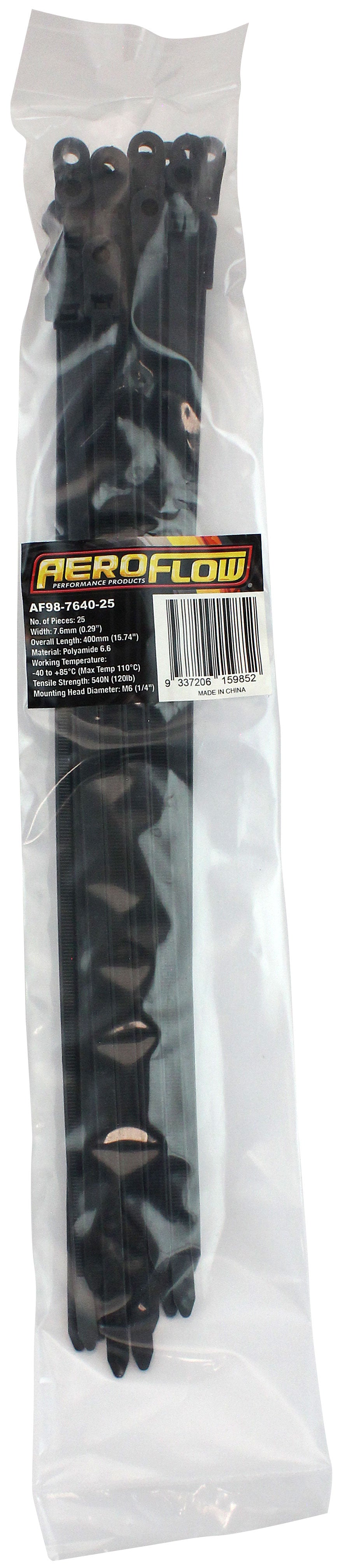 Aeroflow Screw Mounted Cable Ties 7.6mm Wide x 400mm Long - 25 Pack Nylon 66 Material, Black Colour (AF98-7640-25)