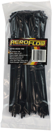 Aeroflow Heavy Duty Cable Ties 4.8mm Wide x 280mm Long - 100 Pack Nylon 66 Material, Black Colour (AF98-4828-100)