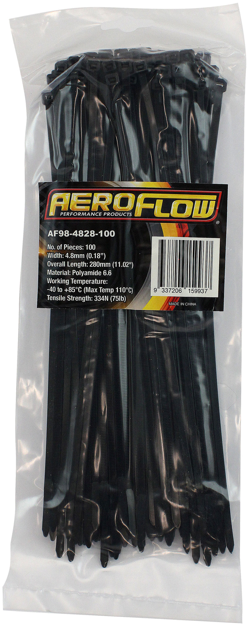 Aeroflow Heavy Duty Cable Ties 4.8mm Wide x 280mm Long - 100 Pack Nylon 66 Material, Black Colour (AF98-4828-100)
