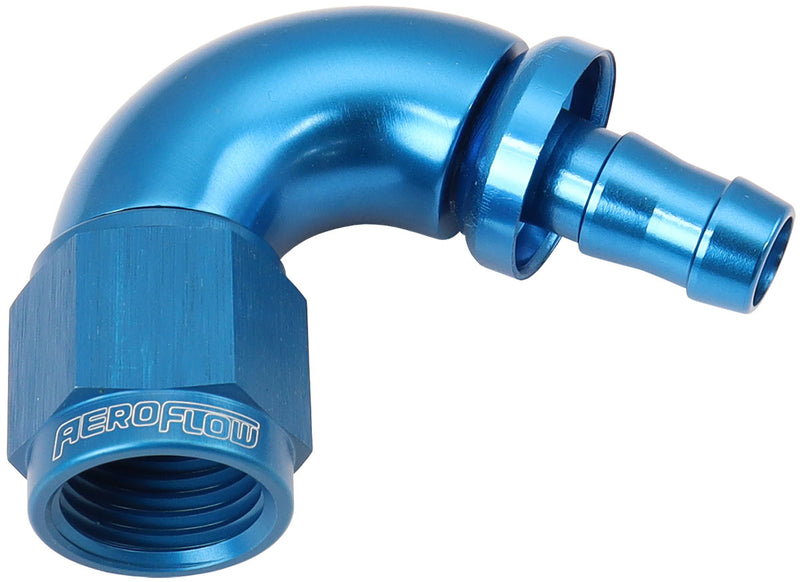 Aeroflow 510 Series Full Flow Tight Radius Push Lock 120° Hose End -6AN To 5/16" (8mm) Barb Blue Finish. Suits 400 & 500 Series Hose (AF514-06-05) AF514-06-05