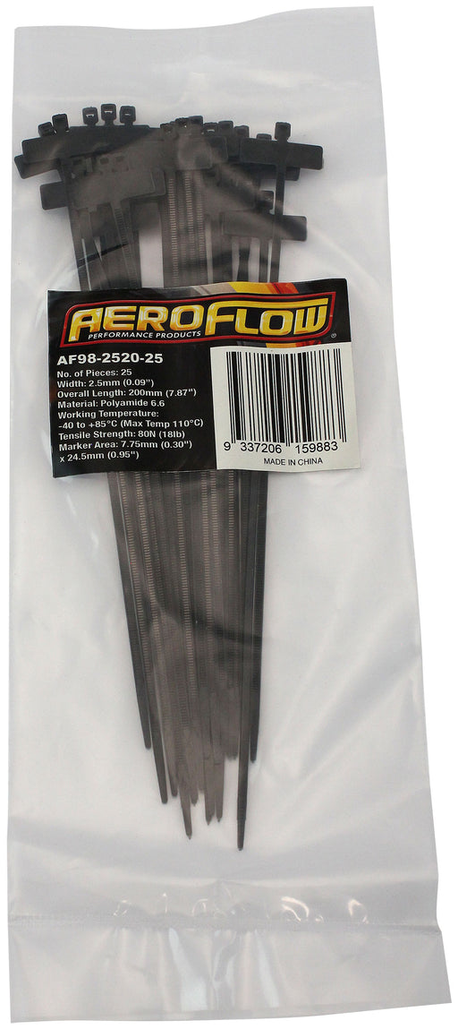 Aeroflow Marker Cable Ties 2.5mm Wide x 200mm Long - 25 Pack Nylon 66 Material, White Colour (AF98-2520-25) AF98-2520-25