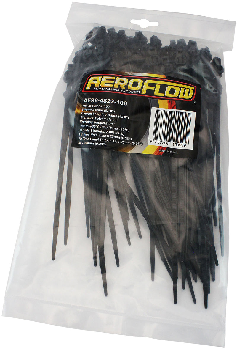 Aeroflow Two Piece Fir Tree Cable Ties 4.8mm Wide x 200mm Long - 100 Pack Nylon 66 Material, Black Colour (AF98-4822-100)