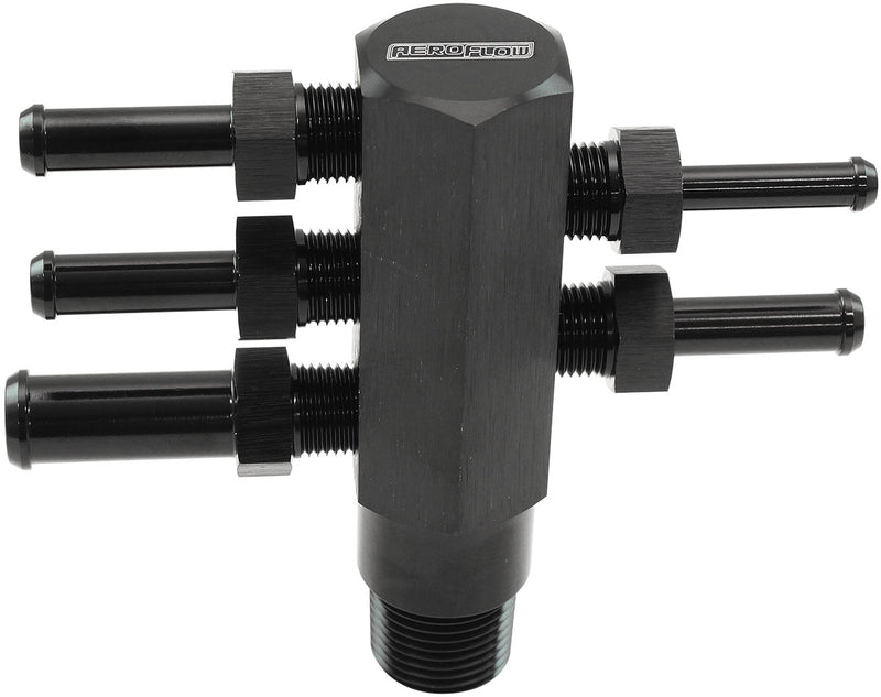 Aeroflow 3/8" NPT Aluminium Vacuum Tree - Black Finish 1 x 3/16", 3 x 1/4", 1 x 3/8" Barbs Included (AF458-06BLK) AF458-06BLK