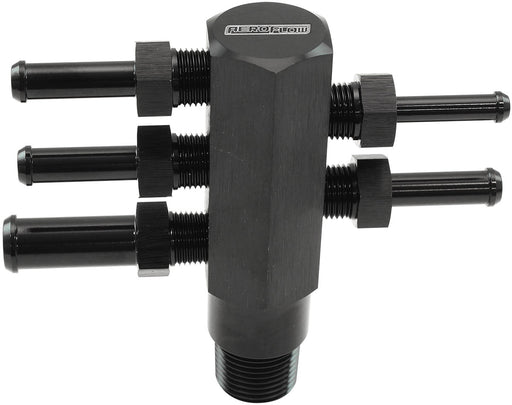 Aeroflow 3/8" NPT Aluminium Vacuum Tree - Black Finish 1 x 3/16", 3 x 1/4", 1 x 3/8" Barbs Included (AF458-06BLK) AF458-06BLK