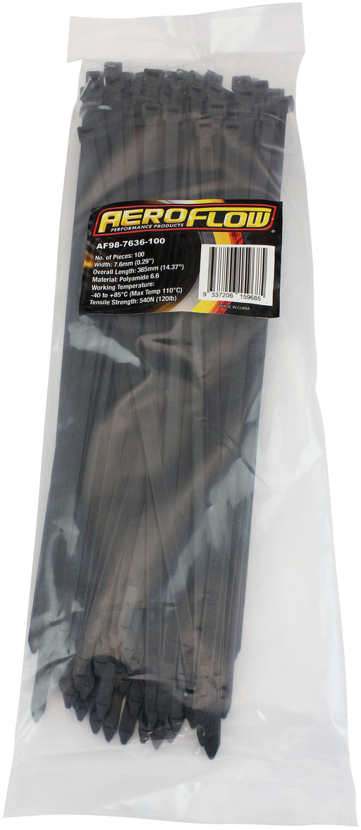 Aeroflow Cable Ties 7.6mm Wide x 365mm Long - 100 Pack Nylon 66 Material, Black Colour (AF98-7636-100)