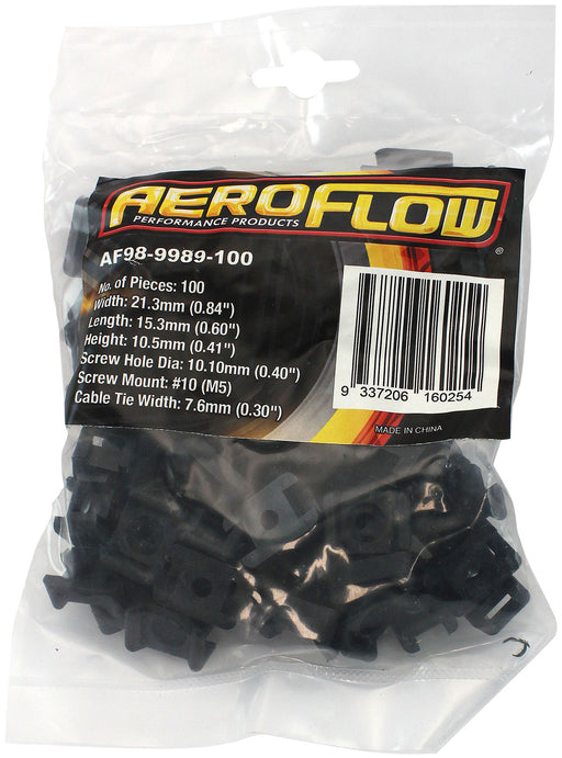 Aeroflow Cable Tie Screw Mount 21.3mm x 15.3mm - 100 Pack Nylon 66 Material, Black Colour (AF98-9989-100)