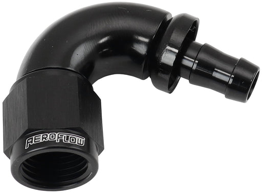 Aeroflow 510 Series Full Flow Tight Radius Push Lock 120° Hose End -6AN To 5/16" (8mm) Barb Black Finish. Suits 400 & 500 Series Hose (AF514-06-05BLK) AF514-06-05BLK