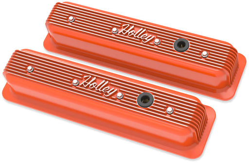 Holley Finned Holley Script Vinatge Valve Covers - Orange Suit SB Chev Vortec 350 Center bolt Heads (HO241-249) HO241-249