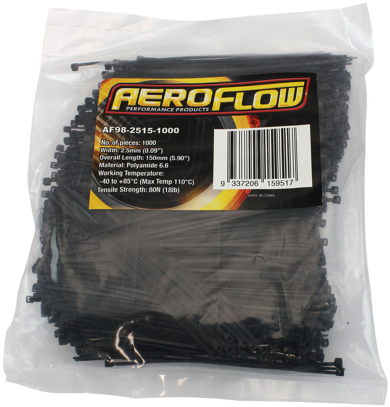 Aeroflow Standard Cable Ties 2.5mm Wide x 150mm Long - 1000 Pack Nylon 66 Material, Black Colour (AF98-2515-1000)