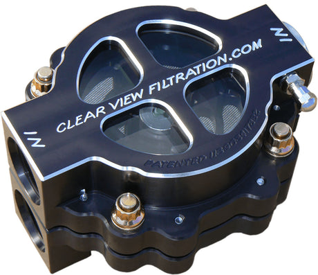 Clearview Clear View Filtration 4" Hi-Flow See Through Dry Sump Oil Filter, Black Anodised -16AN Inlet/Outlet Ports With 115 Micron Element - CV445-115-B CV445-115-B