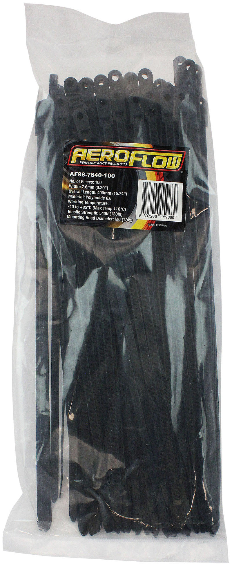 Aeroflow Screw Mounted Cable Ties 7.6mm Wide x 400mm Long - 100 Pack Nylon 66 Material, Black Colour (AF98-7640-100)