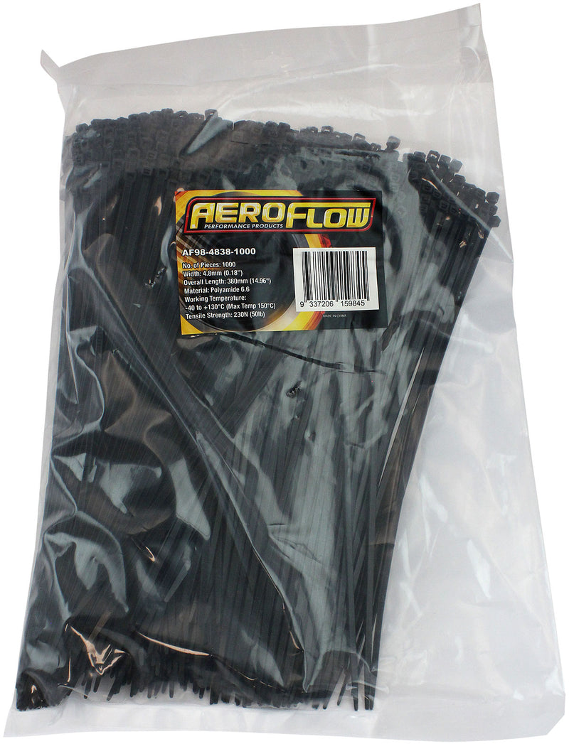Aeroflow Heat Resistant Cable Ties 4.8mm Wide x 380mm Long - 1000 Pack Nylon 46 Material, Black Colour (AF98-4838-1000)