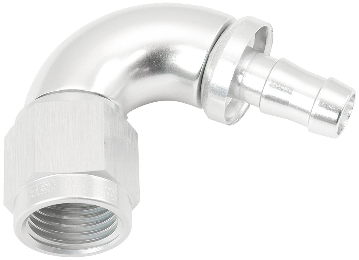 Aeroflow 510 Series Full Flow Tight Radius Push Lock 120° Hose End -6AN To 5/16" (8mm) Barb Silver Finish. Suits 400 & 500 Series Hose (AF514-06-05S) AF514-06-05S