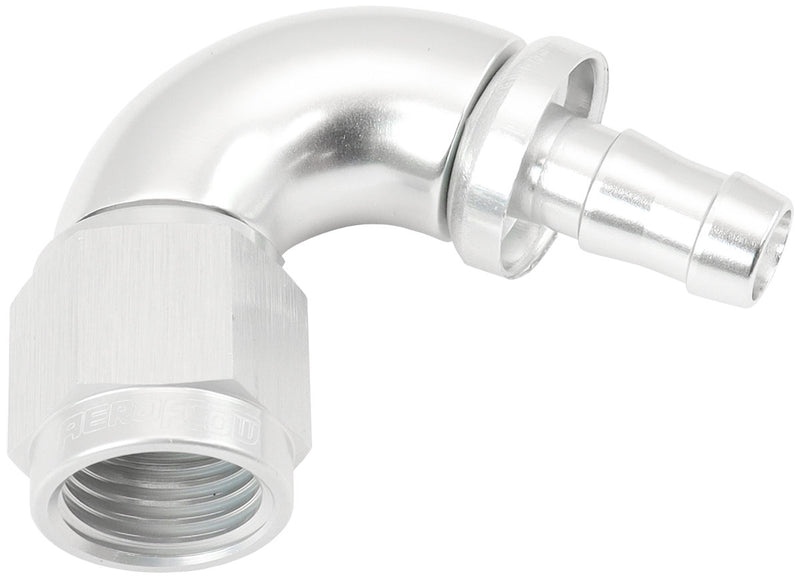 Aeroflow 510 Series Full Flow Tight Radius Push Lock 120° Hose End -6AN To 5/16" (8mm) Barb Silver Finish. Suits 400 & 500 Series Hose (AF514-06-05S) AF514-06-05S