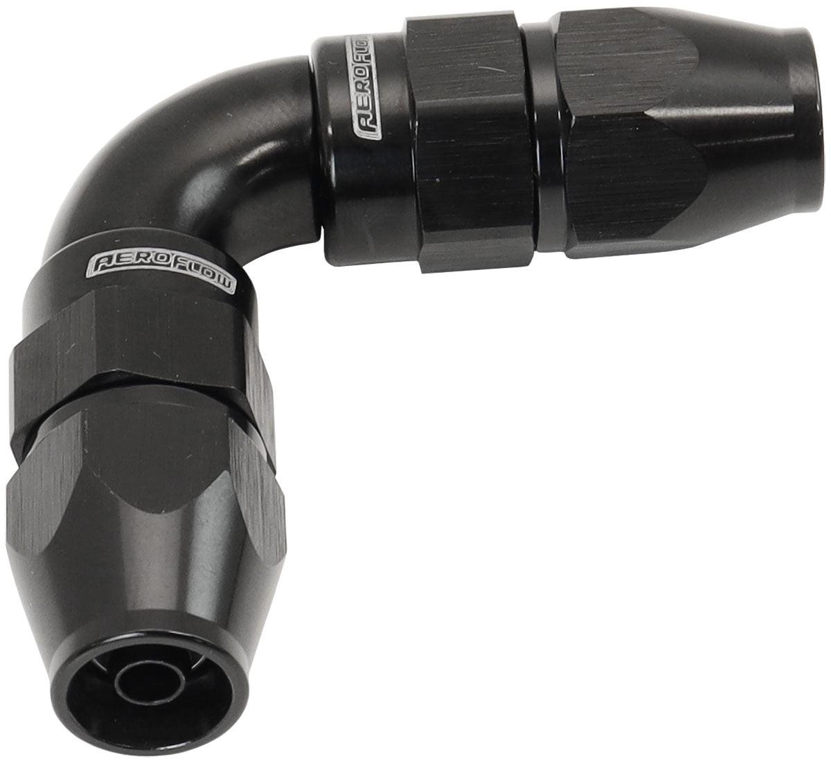 Aeroflow 590 Series PTFE 90° Dual Hose Ends -4AN Black Finish. Suits 200 & 250 Series Hose (AF593-04-04DBLK) AF593-04-04DBLK