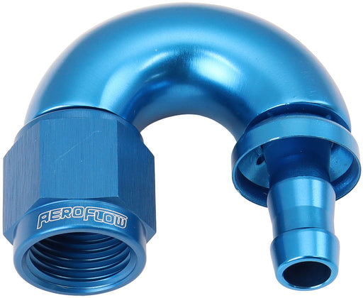 Aeroflow 510 Series Full Flow Tight Radius Push Lock 180° Hose End -6AN To 5/16" (8mm) Barb Blue Finish. Suits 400 & 500 Series Hose (AF516-06-05) AF516-06-05