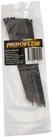 Aeroflow Standard Cable Ties 3.6mm Wide x 200mm Long - 25 Pack Nylon 66 Material, Black Colour (AF98-3620-25)