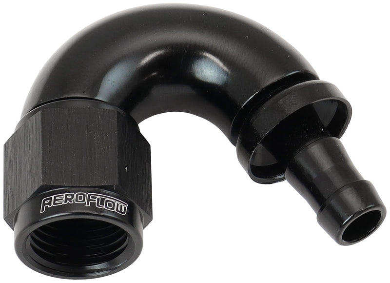 Aeroflow 510 Series Full Flow Tight Radius Push Lock 150° Hose End -6AN To 5/16" (8mm) Barb Black Finish. Suits 400 & 500 Series Hose (AF515-06-05BLK) AF515-06-05BLK