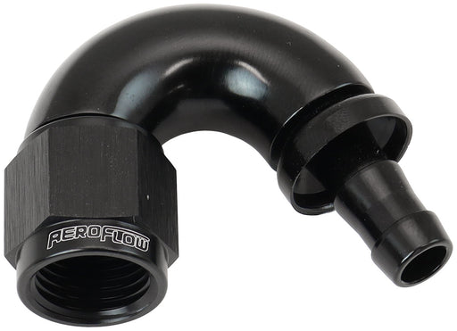 Aeroflow 510 Series Full Flow Tight Radius Push Lock 150° Hose End -6AN To 5/16" (8mm) Barb Black Finish. Suits 400 & 500 Series Hose (AF515-06-05BLK) AF515-06-05BLK