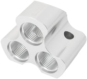 Aeroflow 4 Port Inline Distribution Block - Silver Finish 3 x -10 ORB Ports, 1 x -12 ORB Port (AF935-12-10S)